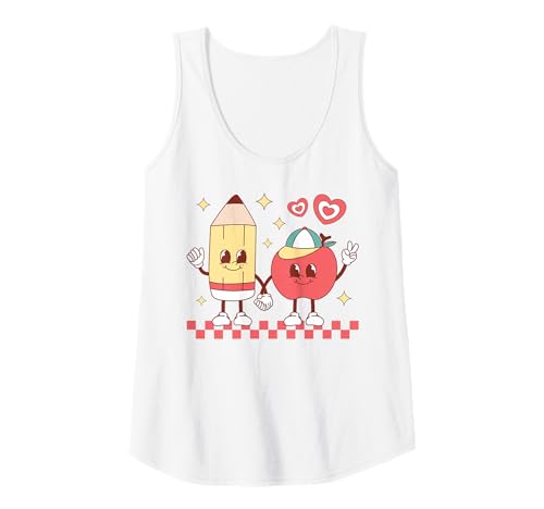 Damen Niedlicher Retro-Bleistift, Apfel mit Gesicht, trendig Tank Top von Retro Kawaii School Teacher Student Cartoon Shirts