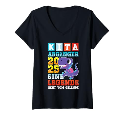 Damen Tschüss Kindergarten 2025 Einschulung Schulanfang Dino T-Shirt mit V-Ausschnitt Damen Tschüss Kindergarten 2025 Einschulung Schulanfang Dino T-Shirt mit V-Ausschnitt von Retro Kita Abgänger Schulkind Erstklässler Dino