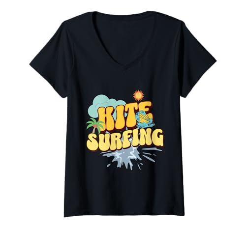 Damen Vintage Kiteboarding Wave Ocean Beach Surfing Summer T-Shirt mit V-Ausschnitt Damen Vintage Kiteboarding Wave Ocean Beach Surfing Summer T-Shirt mit V-Ausschnitt von Retro Kitesurfing Ocean Wave Surf Beach Vibes