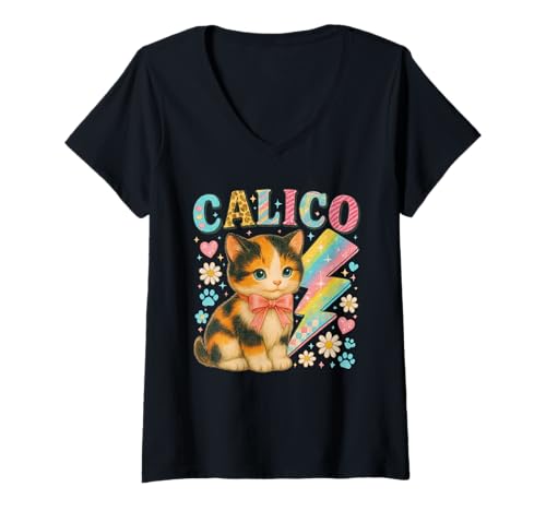 Damen Y2K Calico Katze mit Blitz und Blumen T-Shirt mit V-Ausschnitt Damen Y2K Calico Katze mit Blitz und Blumen T-Shirt mit V-Ausschnitt von Retro Kitty Parade