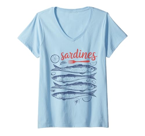 Damen Vintage Sardinen Fischmarkt Retro New Port Küste damen T-Shirt mit V-Ausschnitt Damen Vintage Sardinen Fischmarkt Retro New Port Küste damen T-Shirt mit V-Ausschnitt von Retro Küste Meeresfrüchte Angeln Fischmarkt
