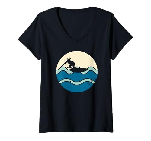 Damen Vintage Sonnenuntergang Surf Silhouette Wellenreiter T-Shirt mit V-Ausschnitt von Retro Küsten Strand Lifestyle Crew
