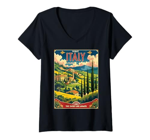 Damen Vintage Reiseposter Italien Souvenir Toskana Umbrien Sizilien T-Shirt mit V-Ausschnitt von Retro Lazio Marche Campania Apulia Puglia Calabria