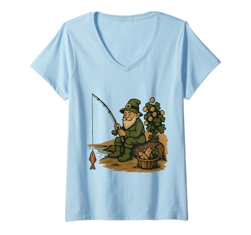 Damen Koboldfischen von Clover Fish Basket Saint Patricks Day T-Shirt mit V-Ausschnitt von Retro Leprechaun Fisherman Sitting by Lake Fishing