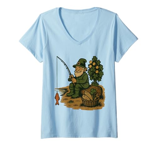 Damen Koboldfischen von Clover Fish Basket Saint Patricks Day T-Shirt mit V-Ausschnitt von Retro Leprechaun Fisherman Sitting by Lake Fishing