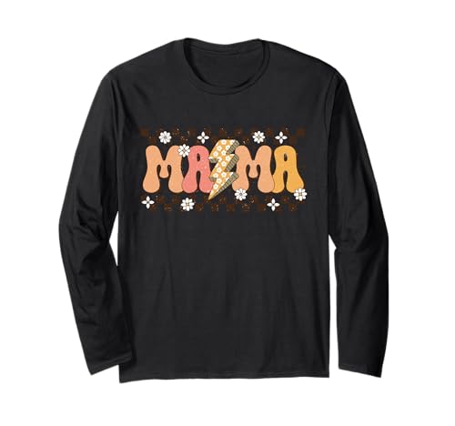 Retro MAMA Shirt mit blitzkarierter Blumengrafik Langarmshirt von Retro Lightning MAMA Tee Shirts for Cool Moms