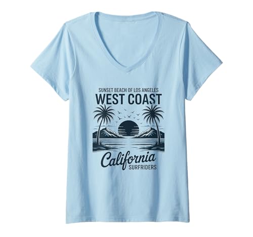 Damen California Beach, Retro-Ozean-Westküsten-Sommerstimmung T-Shirt mit V-Ausschnitt Damen California Beach, Retro-Ozean-Westküsten-Sommerstimmung T-Shirt mit V-Ausschnitt von Retro Los Angeles West Coast Apparel
