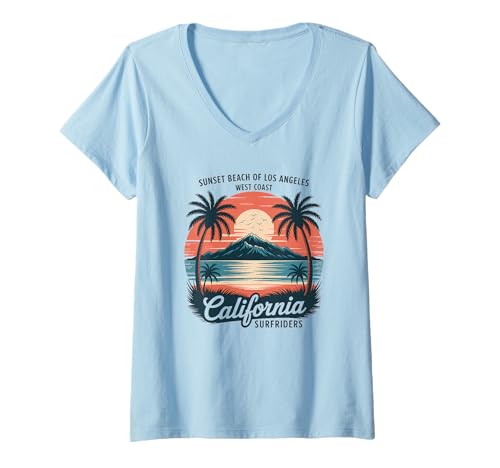 Damen California Beach Summer Vibes Retro-Ozean-Westküste T-Shirt mit V-Ausschnitt Damen California Beach Summer Vibes Retro-Ozean-Westküste T-Shirt mit V-Ausschnitt von Retro Los Angeles West Coast Apparel