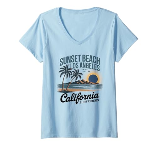 Damen Meer, Westküste, Kalifornien, Strand, Retro-Sommerstimmung T-Shirt mit V-Ausschnitt von Retro Los Angeles West Coast Apparel
