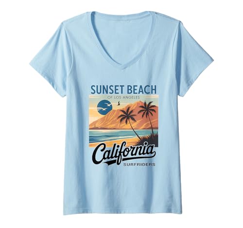 Damen Meer, Westküste, Sommerstimmung, California Beach, Retro T-Shirt mit V-Ausschnitt von Retro Los Angeles West Coast Apparel