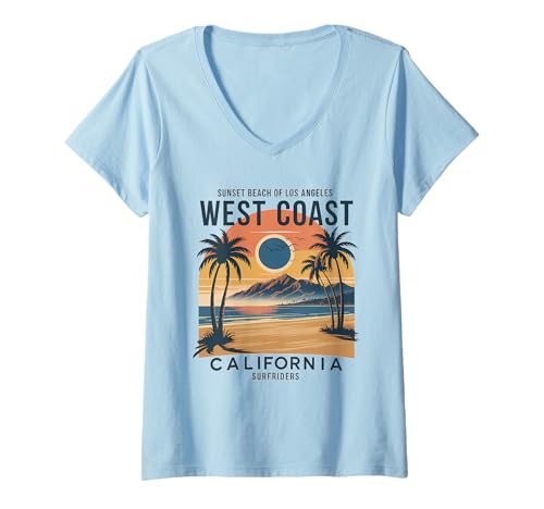 Damen Retro Ocean California Beach, Westküste, Sommerstimmung T-Shirt mit V-Ausschnitt von Retro Los Angeles West Coast Apparel
