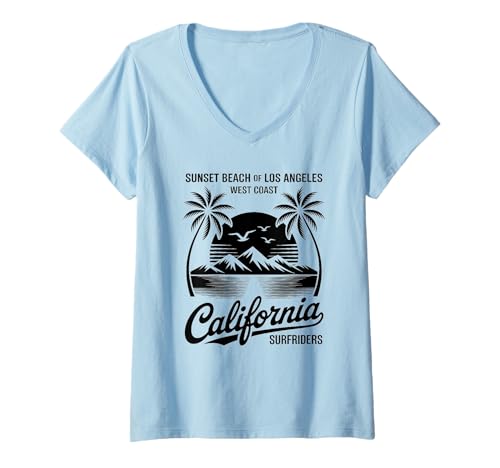 Damen Retro-Ozean-Westküsten-Sommerstimmung am kalifornischen Strand T-Shirt mit V-Ausschnitt Damen Retro-Ozean-Westküsten-Sommerstimmung am kalifornischen Strand T-Shirt mit V-Ausschnitt von Retro Los Angeles West Coast Apparel