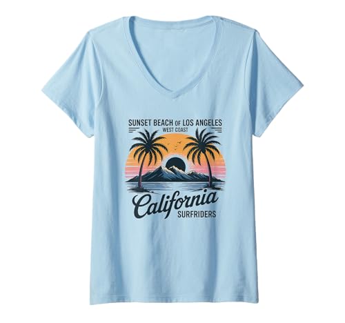 Damen Sommerstimmung an der Westküste, Kalifornien, Strand, Retro, Meer T-Shirt mit V-Ausschnitt von Retro Los Angeles West Coast Apparel