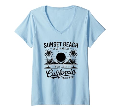 Damen Strand, Retro, Meer, Westküste, Sommerstimmung, Kalifornien T-Shirt mit V-Ausschnitt von Retro Los Angeles West Coast Apparel