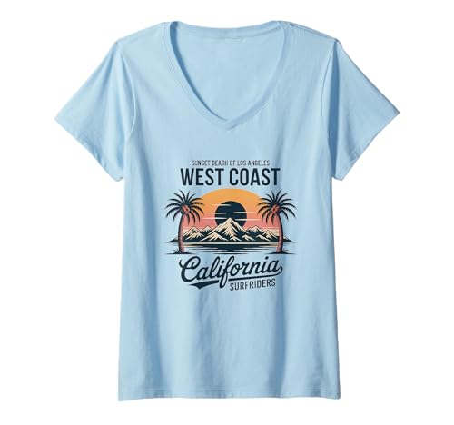 Damen Summer Vibes California Beach Retro Ocean Westküste T-Shirt mit V-Ausschnitt Damen Summer Vibes California Beach Retro Ocean Westküste T-Shirt mit V-Ausschnitt von Retro Los Angeles West Coast Apparel