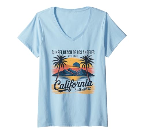 Damen Vibes California Beach, Retro-Ozean, Westküste, Sommer T-Shirt mit V-Ausschnitt Damen Vibes California Beach, Retro-Ozean, Westküste, Sommer T-Shirt mit V-Ausschnitt von Retro Los Angeles West Coast Apparel