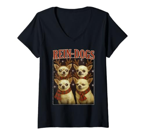 Damen Rein-Dogs Lustiges Chihuahua Y2K Bootleg Xmas T-Shirt mit V-Ausschnitt Damen Rein-Dogs Lustiges Chihuahua Y2K Bootleg Xmas T-Shirt mit V-Ausschnitt von Retro Lowrider Bootleg Christmas Dog Design