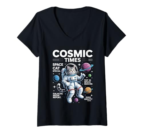 Damen Katze im Weltraum Cosmic Cat Magazin T-Shirt mit V-Ausschnitt Damen Katze im Weltraum Cosmic Cat Magazin T-Shirt mit V-Ausschnitt von Retro Magazine Design für Katzen und SciFi Fans