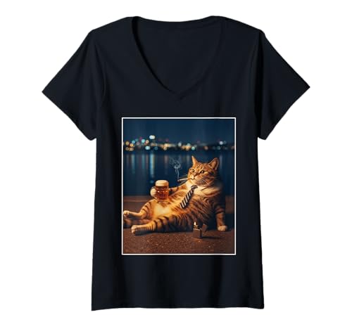 Damen Lustige Katzenmeme Rauchen Bier Retro Nacht T-Shirt mit V-Ausschnitt Damen Lustige Katzenmeme Rauchen Bier Retro Nacht T-Shirt mit V-Ausschnitt von Retro Meme Smoking Cat Night Bar Humor Art