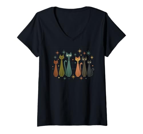 Damen Cooles Retro Katzen Shirt Mid-Century Modern Stil 50er 60er T-Shirt mit V-Ausschnitt von Retro Mid-Century Cat Lover Shirt Boutique