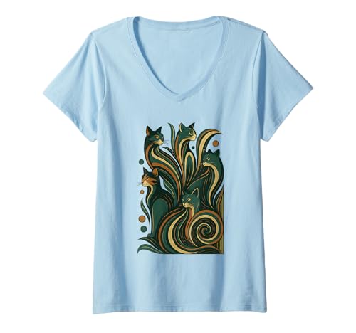Damen Cooles Retro Katzen Shirt Mid-Century Modern Stil 50er 60er T-Shirt mit V-Ausschnitt von Retro Mid-Century Cat Lover Shirt Boutique