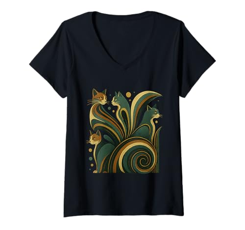 Damen Cooles Retro Katzen Shirt Mid-Century Modern Stil 50er 60er T-Shirt mit V-Ausschnitt von Retro Mid-Century Cat Lover Shirt Boutique