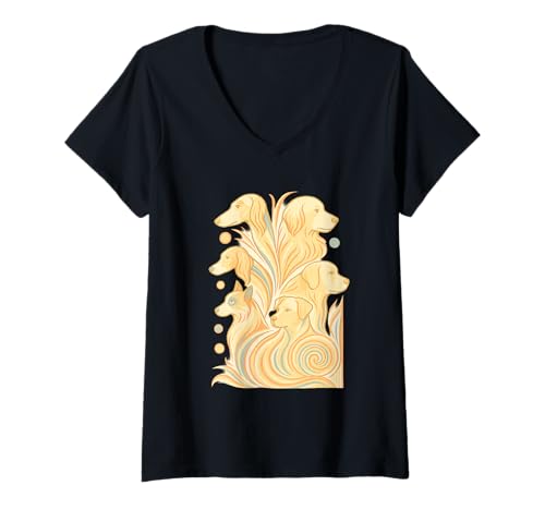 Damen Vintage Hunde Shirt Mid-Century Modern Stil 50er 60er T-Shirt mit V-Ausschnitt von Retro Mid-Century Cat Lover Shirt Boutique