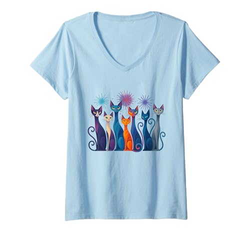 Damen Vintage Katzen Shirt Mid-Century Modern Stil 50er 60er T-Shirt mit V-Ausschnitt von Retro Mid-Century Cat Lover Shirt Boutique