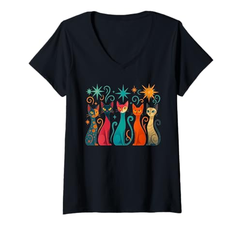 Damen Vintage Katzen Shirt Mid-Century Modern Stil 50er 60er T-Shirt mit V-Ausschnitt von Retro Mid-Century Cat Lover Shirt Boutique
