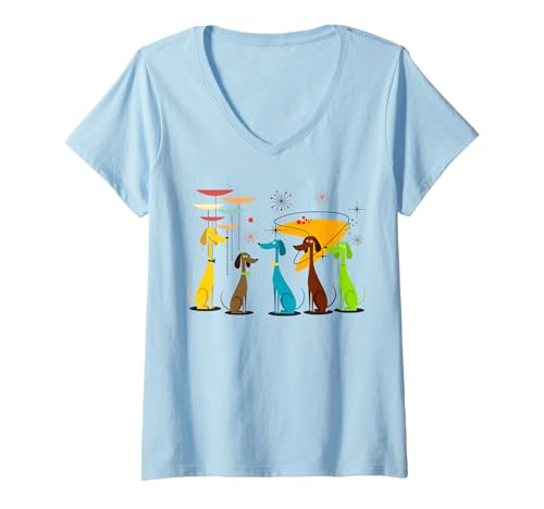 Damen Vintage Retro Mid-Century Modern Look Dogs 50er 60s Style T-Shirt mit V-Ausschnitt Damen Vintage Retro Mid-Century Modern Look Dogs 50er 60s Style T-Shirt mit V-Ausschnitt von Retro Mid-Century Modern Dogs 50s 60s Style Art