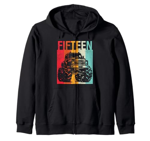 15. Geburtstag Shirt Monster Truck Teen Jungen Retro Kapuzenjacke von Retro Monster Birthday Apparel Boys Girls