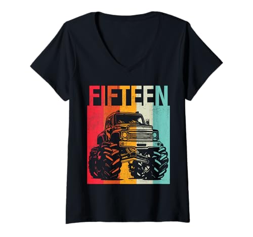 Damen 15. Geburtstag Shirt Monster Truck Teen Jungen Retro T-Shirt mit V-Ausschnitt von Retro Monster Birthday Apparel Boys Girls