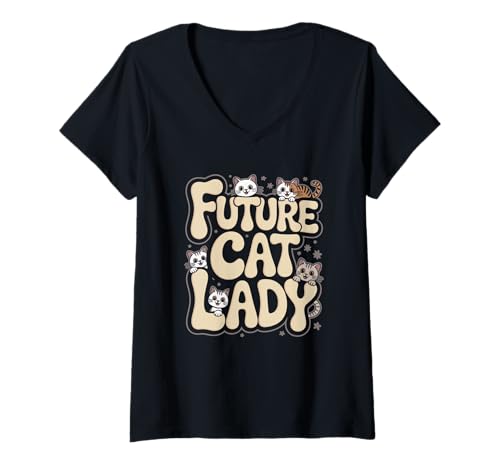 Damen Future Cat Lady Süße Kätzchen rund um Buchstaben T-Shirt mit V-Ausschnitt von Retro Mood Threads