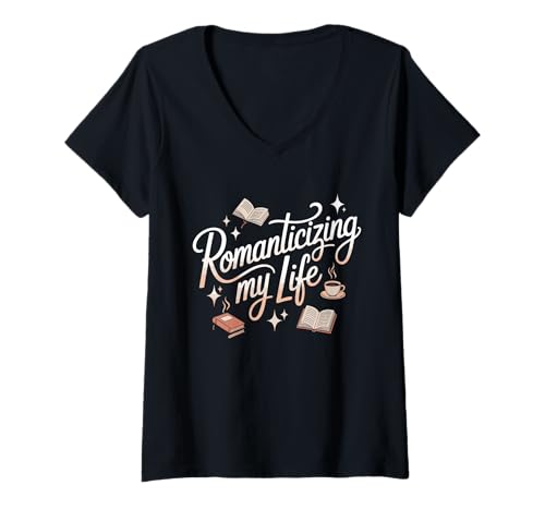 Damen Romantizing My Life Books Stars Coffee T-Shirt mit V-Ausschnitt Damen Romantizing My Life Books Stars Coffee T-Shirt mit V-Ausschnitt von Retro Mood Threads