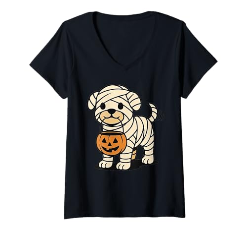 Damen Süßes Mumienwelpe, gruselig, Halloween, Süßes oder Saures T-Shirt mit V-Ausschnitt Damen Süßes Mumienwelpe, gruselig, Halloween, Süßes oder Saures T-Shirt mit V-Ausschnitt von Retro Mummy Dog Low Budget Costume Design