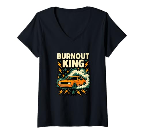 Damen Burnout King Muscle Car Rauchgrafik T-Shirt mit V-Ausschnitt von Retro Muscle Car Racing Culture Apparel