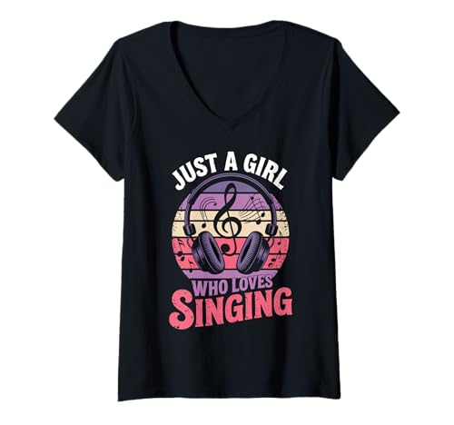 Damen Design „Nur EIN Mädchen, das gerne singt, Musikliebhaber“ T-Shirt mit V-Ausschnitt von Retro Music Apparel for Girls Who Love Singing