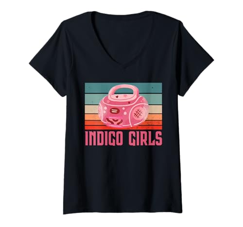 Damen Indigofarbene Vintage-Boombox für Mädchen T-Shirt mit V-Ausschnitt von Retro Music Lovers Nostalgic Vibes
