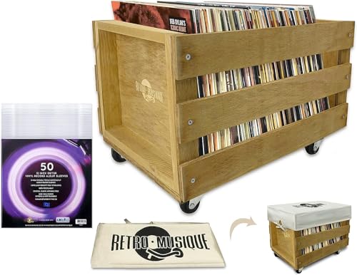 Retro Musique Wooden 12" LP Vinyl Record Aufbewahrungskiste auf Rädern Fasst bis zu 100 Alben (In PVC Sleeves) mit Hessian Cloth Cover beinhaltet 50 Vinyl Record Outer Sleeves(Teakholz Finish) von Retro Musique