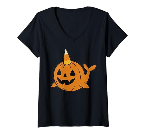 Damen Kürbis Narwal Halloween Cute Jack o Lantern Wal T-Shirt mit V-Ausschnitt Damen Kürbis Narwal Halloween Cute Jack o Lantern Wal T-Shirt mit V-Ausschnitt von Retro Narwhal Costume Cute Trick or Treat Design