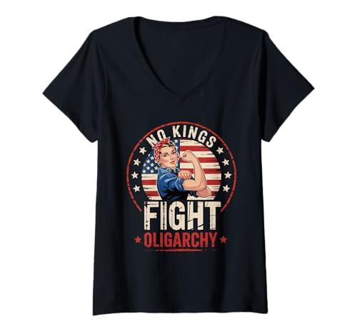Damen Amerikanische Flagge „No Kings Fight Oligarchy“, für Damen, Mädchen, im Vintage-Stil T-Shirt mit V-Ausschnitt von Retro No Kings Fight Oligarchy Flag USA Woman's