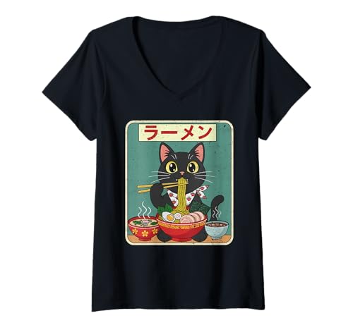 Damen Katze isst Ramen-Nudeln, japanischer Anime, lustige Kawaii-Kitty T-Shirt mit V-Ausschnitt von Retro Noodle Bowl Feline Cat Lovers