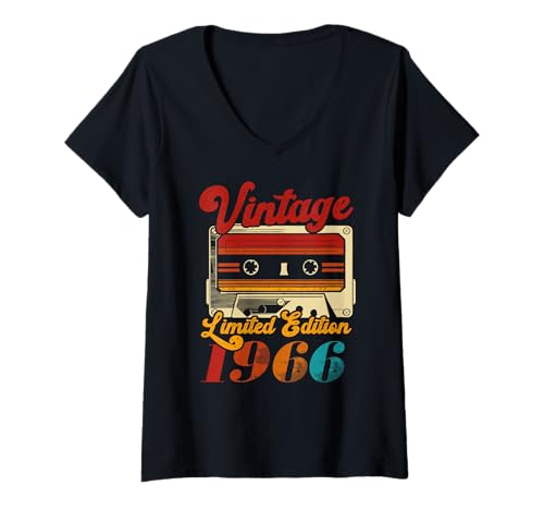 Damen Limited Edition Geboren 1966 Kassette 60er Jahre Geburtstag T-Shirt mit V-Ausschnitt Damen Limited Edition Geboren 1966 Kassette 60er Jahre Geburtstag T-Shirt mit V-Ausschnitt von Retro Nostalgie Vintage Stil Geburtstag Vibes