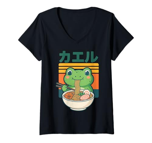 Damen Anime Frosch, Der Ramen Isst Japanische Ramen Japan T-Shirt mit V-Ausschnitt von Retro Nudeln Süßer Frosch Ästhetisch Kawaii