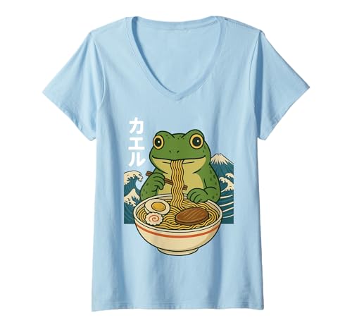 Damen Anime Frosch, Der Ramen Isst Japanische Ramen Japan T-Shirt mit V-Ausschnitt von Retro Nudeln Süßer Frosch Ästhetisch Kawaii