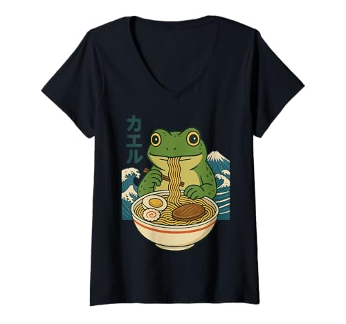 Damen Anime Frosch, Der Ramen Isst Japanische Ramen Japan T-Shirt mit V-Ausschnitt Damen Anime Frosch, Der Ramen Isst Japanische Ramen Japan T-Shirt mit V-Ausschnitt von Retro Nudeln Süßer Frosch Ästhetisch Kawaii