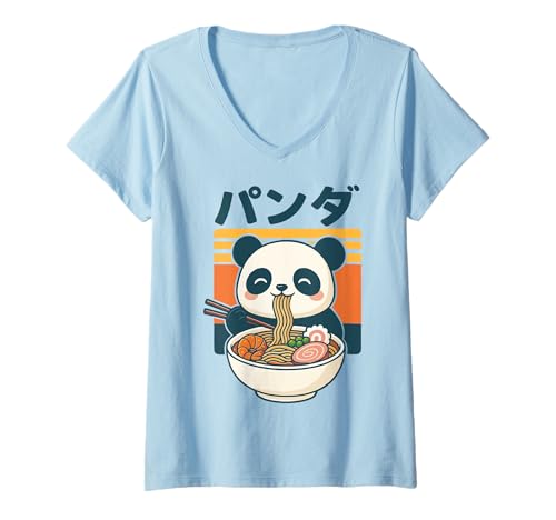 Damen Anime Panda Isst Ramen Japanisch Japan T-Shirt mit V-Ausschnitt Damen Anime Panda Isst Ramen Japanisch Japan T-Shirt mit V-Ausschnitt von Retro Nudeln Süßer Panda Ästhetisch Kawaii