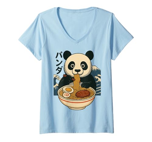 Damen Anime Panda Isst Ramen Japanisch Japan T-Shirt mit V-Ausschnitt von Retro Nudeln Süßer Panda Ästhetisch Kawaii