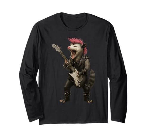 Opossum Guitar Rock'n'Roll Geschenke für Männer Frauen Kind Langarmshirt von Retro Opossum Rockmusik Geschenke Männer Kinder