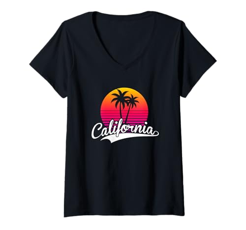 Damen California Vintage Sonnenuntergang Palmen Athletic Style Grafik T-Shirt mit V-Ausschnitt Damen California Vintage Sonnenuntergang Palmen Athletic Style Grafik T-Shirt mit V-Ausschnitt von Retro Orange Sunset California Beach Design
